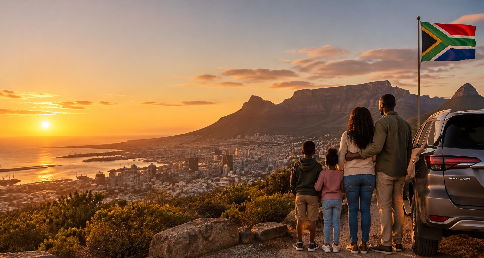 A South African family beside their SUV overlooking Cape Town and Table Mountain, with the South African flag